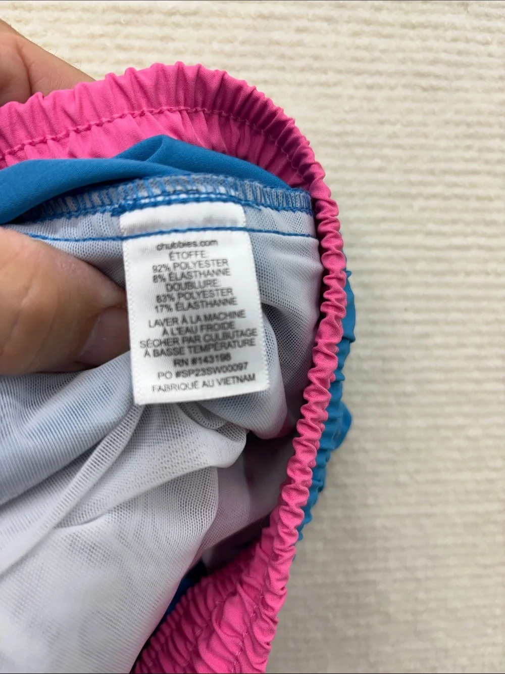 chubbies Bright Blue Swim Trunks with Pink Waistband